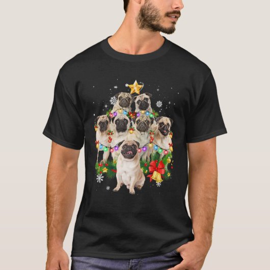 Pug Christmas Dog Tree Lights Pajamas Family T-Shirt (Vorderseite)