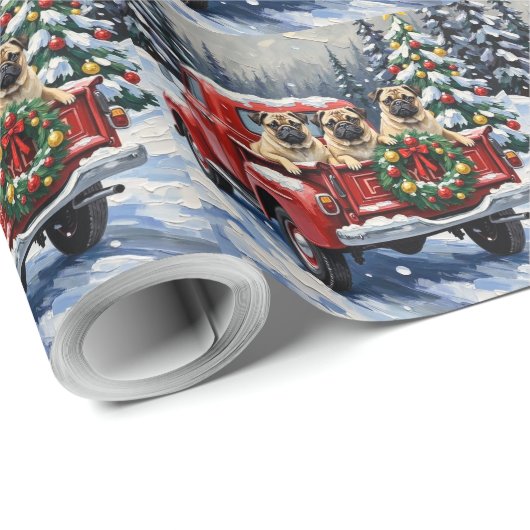 Pug Christmas Red Truck Holiday Geschenkpapier (Rolleneckpunkt)