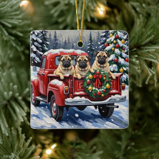 Pug Christmas Red Truck Holiday Keramikornament (Baum)