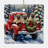 Pug Christmas Red Truck Holiday Keramikornament (Rückseite)