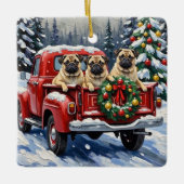Pug Christmas Red Truck Holiday Keramikornament (Vorderseite)
