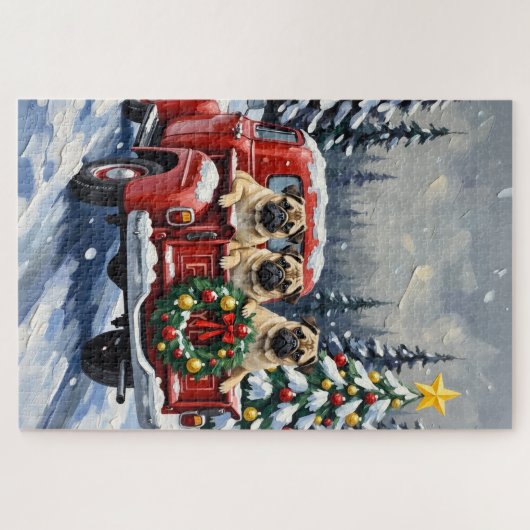 Pug Christmas Red Truck Holiday Puzzle (Horizontal)