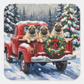 Pug Christmas Red Truck Holiday Quadratischer Aufkleber (Vorderseite)