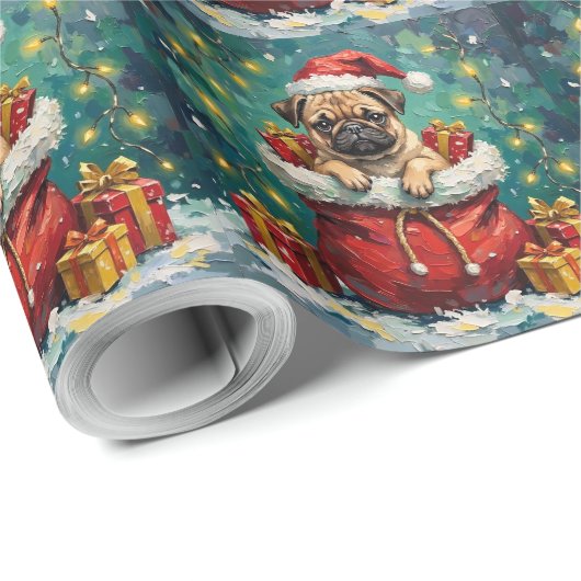 Pug Christmas Santa Bag Adventure Geschenkpapier (Rolleneckpunkt)