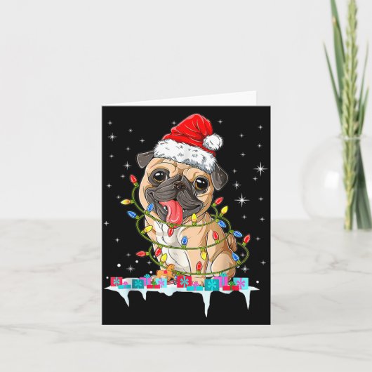 Pug Christmas Tree Lights Santa Dog Xmas Karte (Vorderseite)