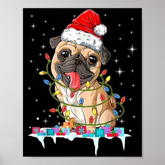 Pug Christmas Tree Lights Santa Dog Xmas Poster (Vorne)