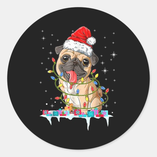 Pug Christmas Tree Lights Santa Dog Xmas Runder Aufkleber (Vorderseite)