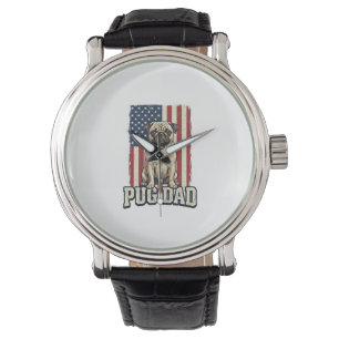 Pug Dad Patriotisches Vintage-Prägung Hund-Shirt D Armbanduhr