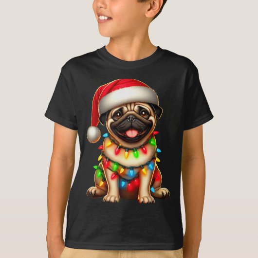 Pug Dog Christmas Tree Lights Santa Xmas Pajama Do T-Shirt (Vorderseite)