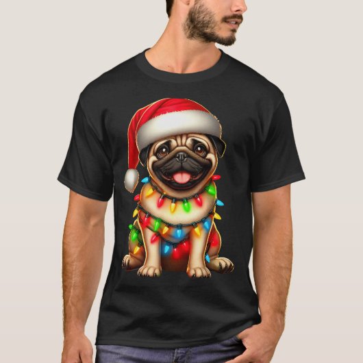 Pug Dog Christmas Tree Lights Santa Xmas Pajama Do T-Shirt (Vorderseite)