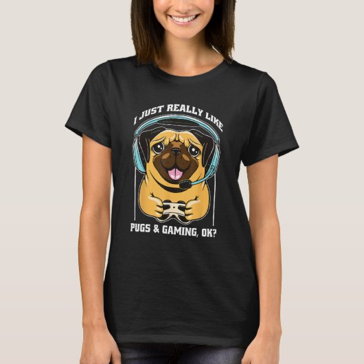 Pug Dog Holder Headphones Console Controller T-Shirt (Vorderseite)