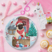 Pug Dog In snow Christmas Dog House Pappteller (Party)