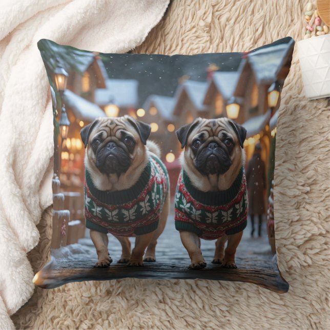 Pug Dogs Christmas Snow Holiday Kissen (Decke)