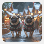 Pug Dogs Christmas Snow Holiday Quadratischer Aufkleber (Vorderseite)