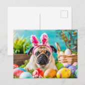 Pug Dressed as Easter Bunny with Eggs Postkarte (Vorne/Hinten)
