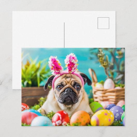 Pug Dressed as Easter Bunny with Eggs Postkarte (Vorne/Hinten)