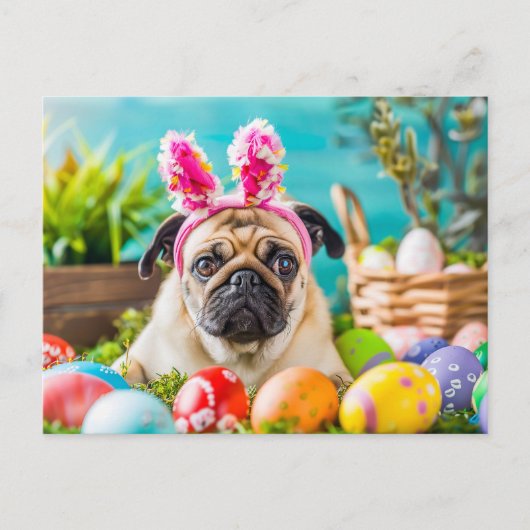 Pug Dressed as Easter Bunny with Eggs Postkarte (Vorderseite)