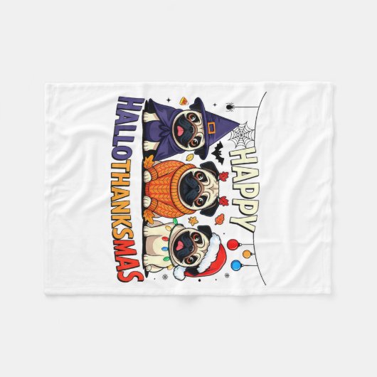 Pug Halloween Thanksgiving Christmas Happy Halloth Fleecedecke (Vorderseite (Horizontal))