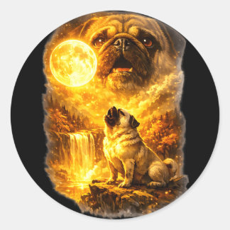Pug howling at moon epic forest fantasy  runder aufkleber