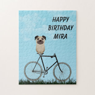 Pug-Hund sitzt auf Vintage-Fahrrad-Geburtstag Puzzle