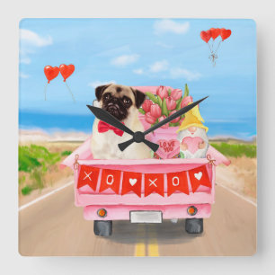 Pug-Hund Valentinstag-Lieferwagen Herzen Quadratische Wanduhr