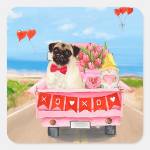 Pug-Hund Valentinstag-Lieferwagen Herzen Quadratischer Aufkleber