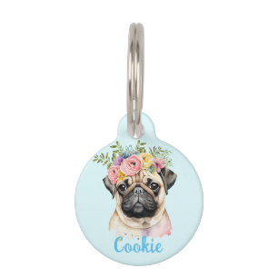 PUG-Hund Wasserfarbe-Blume Runde Haustiermarke