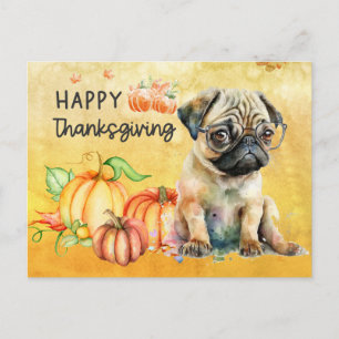 Pug-Hunde Thanksgiving-Wasserfarben-Feiertagskarte Feiertagspostkarte