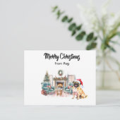 Pug Merry Christmas watercolor Postcard Postkarte (Stehend Vorderseite)