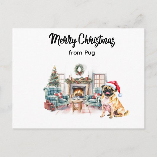 Pug Merry Christmas watercolor Postcard Postkarte (Vorderseite)