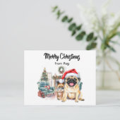 Pug Merry Christmas watercolor Postcard Postkarte (Stehend Vorderseite)