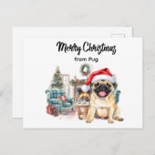 Pug Merry Christmas watercolor Postcard Postkarte (Vorne/Hinten)