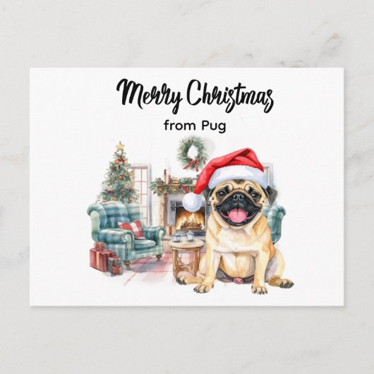 Pug Merry Christmas watercolor Postcard Postkarte (Vorderseite)