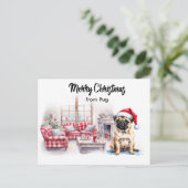 Pug Merry Christmas watercolor Postcard Postkarte (Stehend Vorderseite)