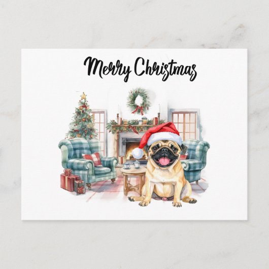 Pug Merry Christmas watercolor Postkarte (Vorderseite)