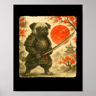 Pug Samurai Japanischer Krieger Kostüm Sumi-e Kuns Poster