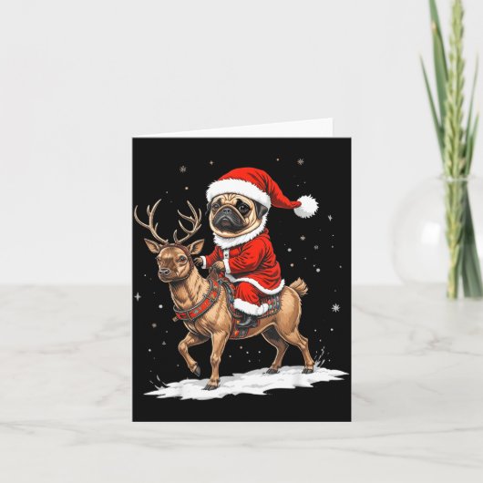 Pug Santa Riding Reindeer Christmas Holiday Puppy Karte (Vorderseite)