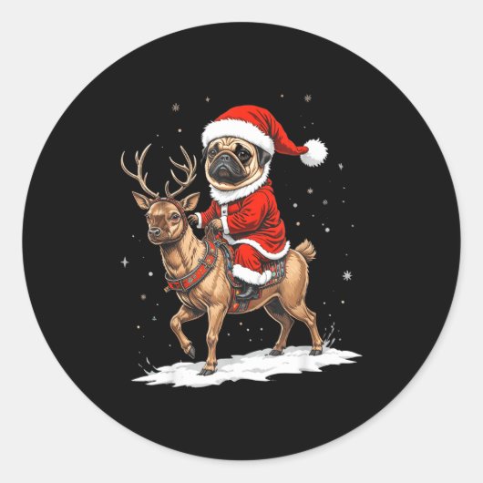 Pug Santa Riding Reindeer Christmas Holiday Puppy Runder Aufkleber (Vorderseite)