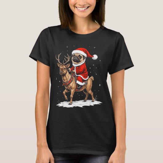 Pug Santa Riding Reindeer Christmas Holiday Puppy T-Shirt (Vorderseite)
