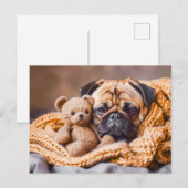 Pug Snuggling with Teddy Bear Blanket Postkarte (Vorne/Hinten)