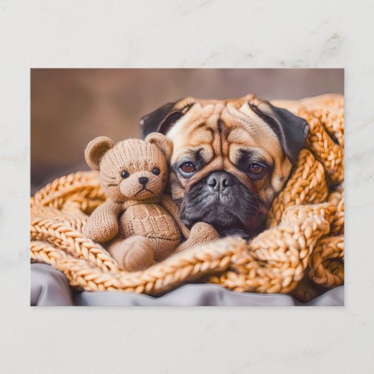 Pug Snuggling with Teddy Bear Blanket Postkarte (Vorderseite)