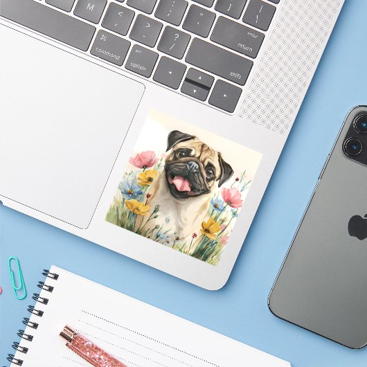 Pug Sticker – Watercolor (Laptop mit iPhone)
