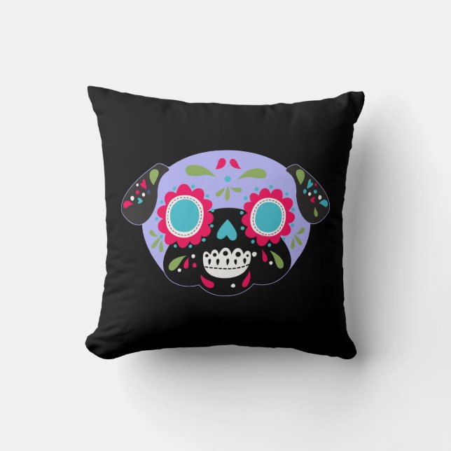 Pug Sugar Skull Lavender Single Front Pattern Back Kissen (Vorderseite)