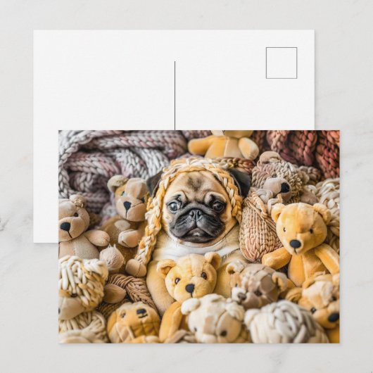 Pug Surrounded by Plush Teddy Bears Postkarte (Vorne/Hinten)