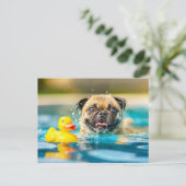 Pug Swimming with Rubber Duck in Pool Postkarte (Stehend Vorderseite)