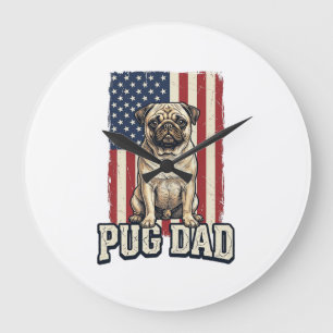 Pug-Vater patriotisches Vintage-Gravur-Hunde-Shirt Große Wanduhr
