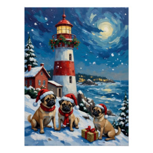 Pug-Weihnachts-Leuchtturm-Feiertag Poster