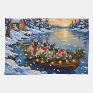 Pug-Weihnachtsboot-Feiertag Geschirrtuch