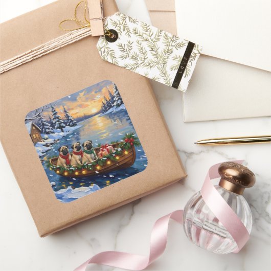 Pug-Weihnachtsboot-Feiertag Quadratischer Aufkleber (Schenken)