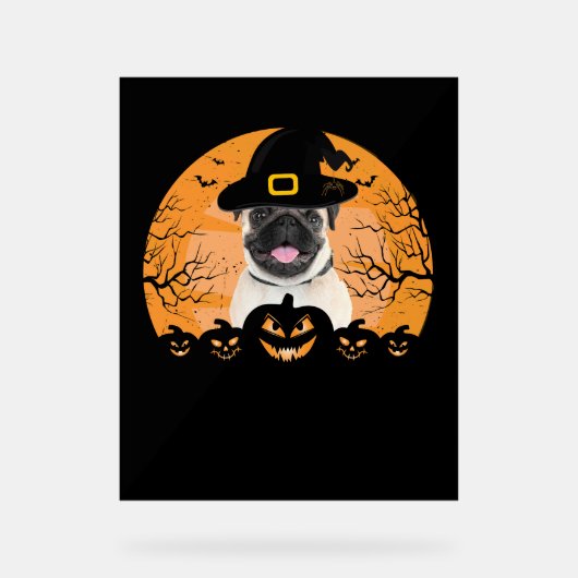 Pug Witch Hat Jack-o-Lantern Dogs Halloween T-Shir Acrylschild (Vorderseite)